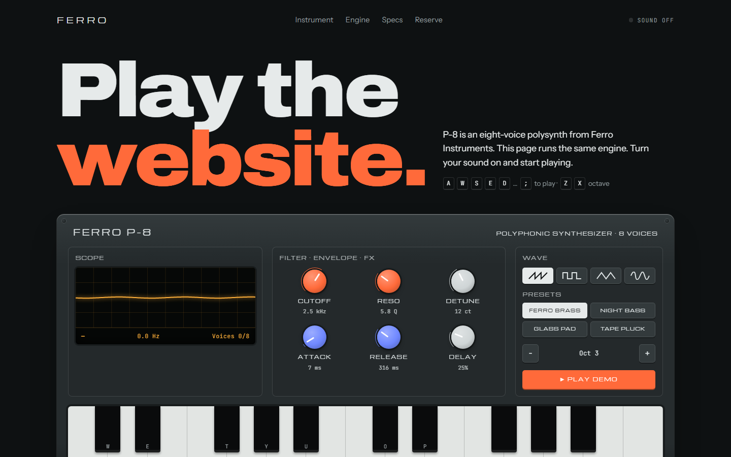 Ferro P-8 page: Play the website, above a synth panel and keyboard