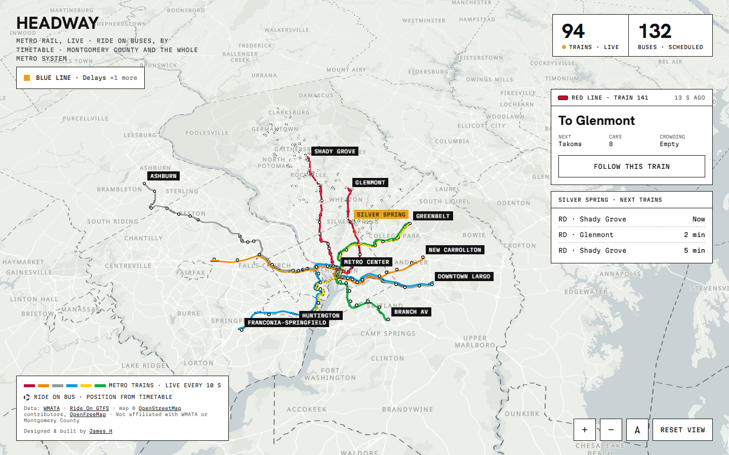 Headway map of Montgomery County with live Red Line trains, a train detail card and next arrivals at Silver Spring