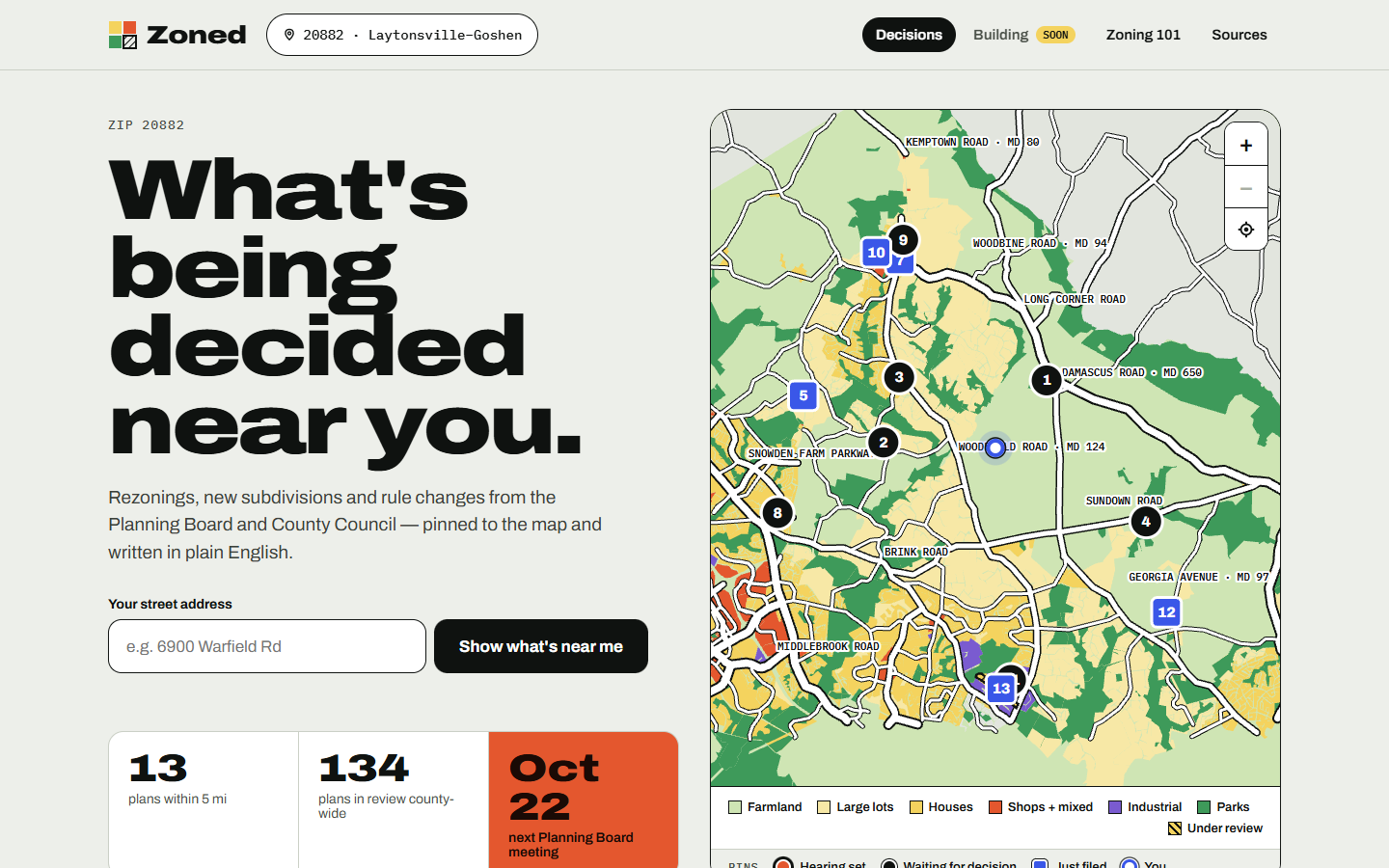 Zoned home page: What's being decided near you, beside a zoning map of ZIP 20882 with numbered pins